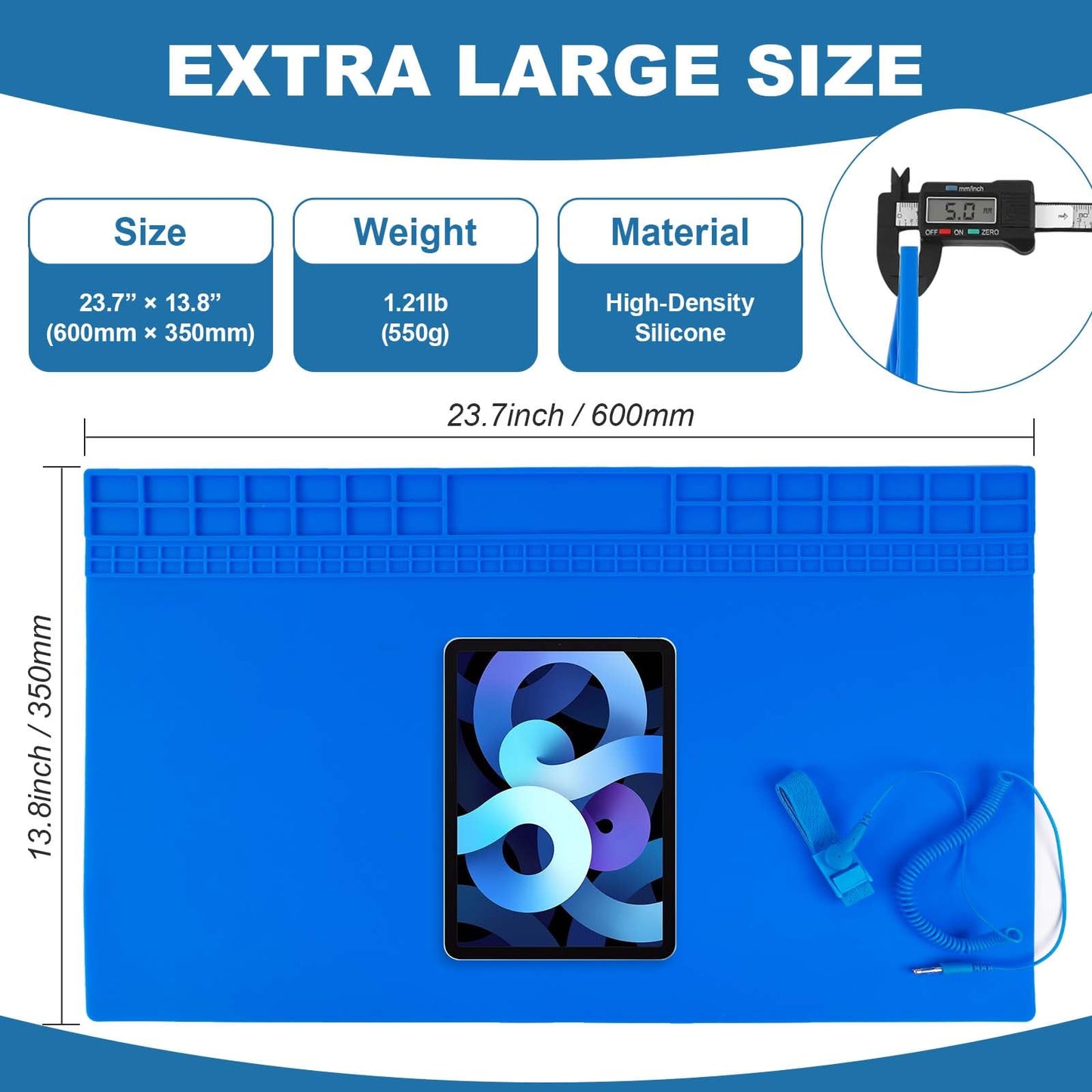 Boshanix Silicone Soldering Mat 13.8"x23.7" - 932°F Heat Resistant Work Mat with 111 Grid Cells & Anti-Static Wrist Strap, Large Repair Pad for Electronics, Soldering Station, Phone Repair