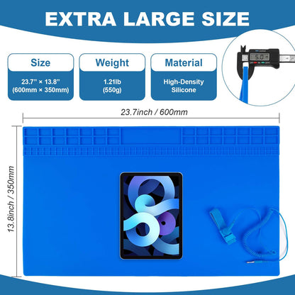 Boshanix Silicone Soldering Mat 13.8"x23.7" - 932°F Heat Resistant Work Mat with 111 Grid Cells & Anti-Static Wrist Strap, Large Repair Pad for Electronics, Soldering Station, Phone Repair