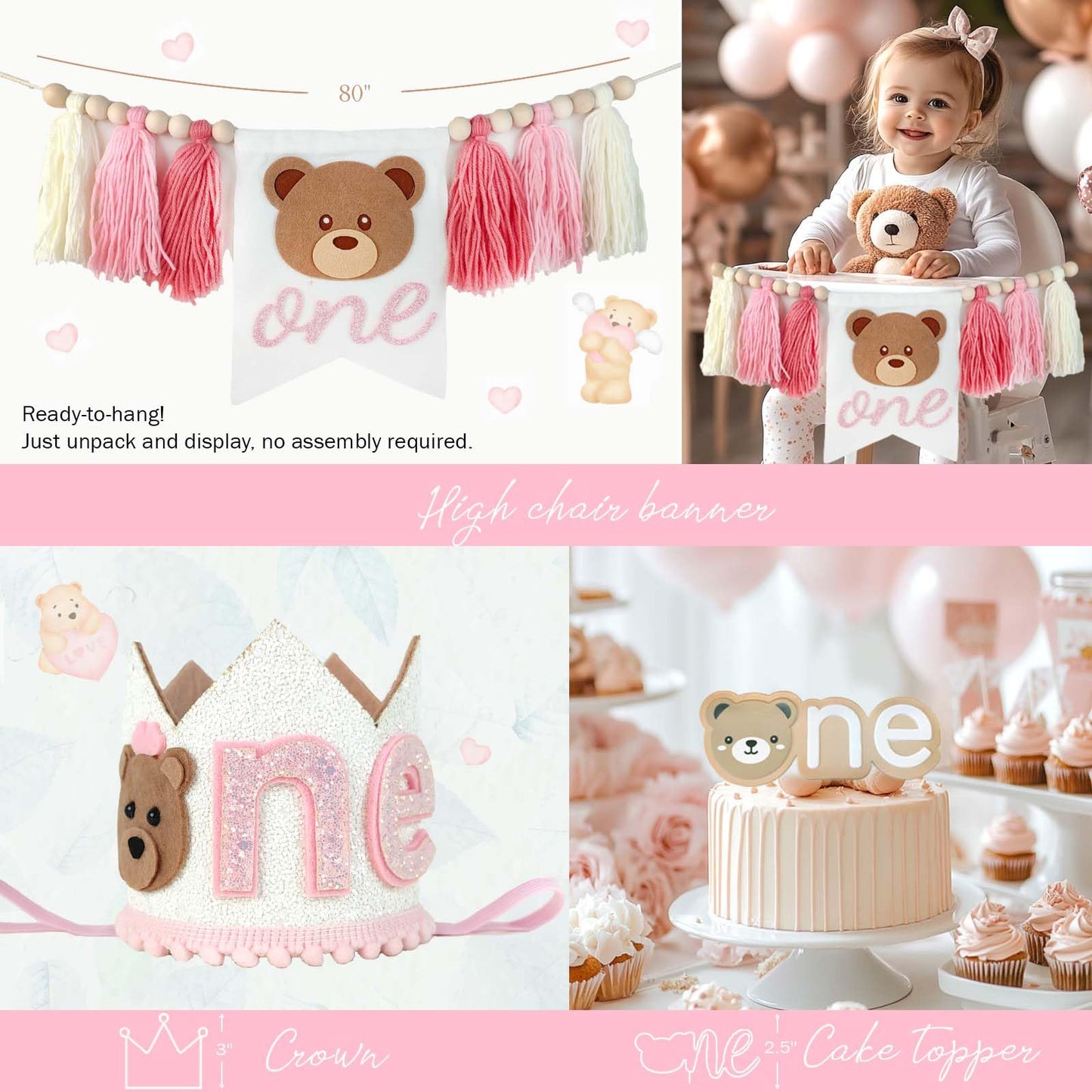 Hombae Beary First Birthday Decorations for Girl, Teddy Bear 1st Birthday Party Supplies, Pink Ivory Balloon Garland, Girl Baby Photo Banner, Bear Birthday Themed Decor Party Pack