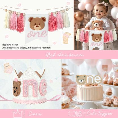 Hombae Beary First Birthday Decorations for Girl, Teddy Bear 1st Birthday Party Supplies, Pink Ivory Balloon Garland, Girl Baby Photo Banner, Bear Birthday Themed Decor Party Pack