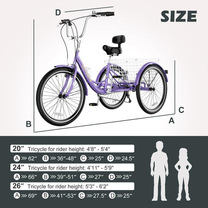 H&ZT Adult Tricycle, 3 Wheeled Bike, Trike Cruiser Bike, with 7-Speed Gear, Parking Brake Handle, Low Step, Large Rear Basket, Elderly Friendly, for Men, Women, and Teens