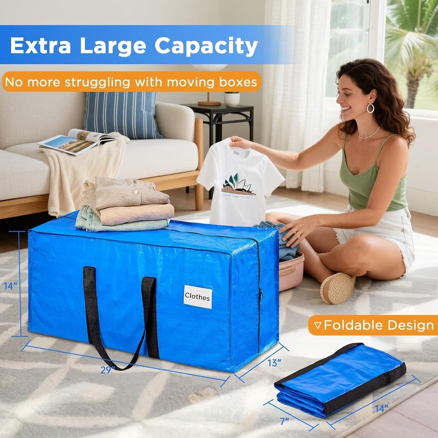 2 Pack Packing 29L 14W 13H BETU Moving Bags Moving Storage College Dorm Camping Travel PE Heavy Duty, Sturdy Handle