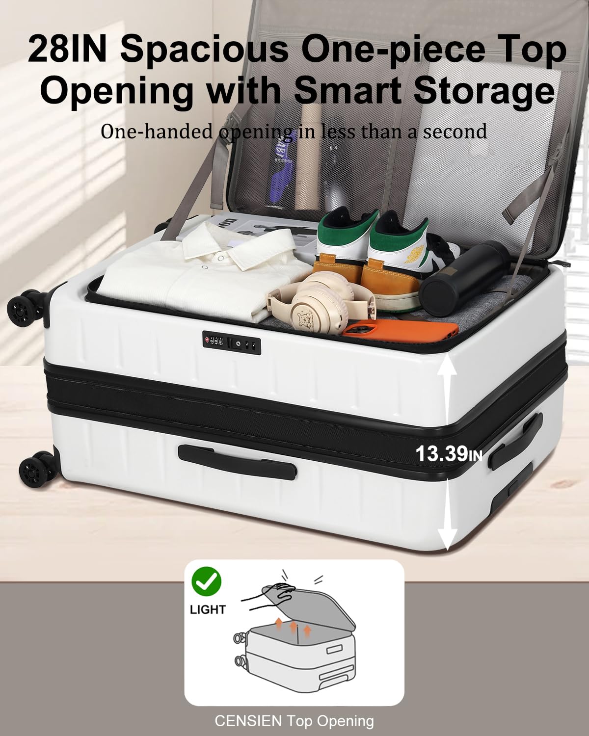 CENSIEN Luggage Sets 2 Pieces, 20 Inch Carry On Luggage and Expandable 28 Inch Checked Luggage with Spinner Wheels, Lightweight ABS+PC Hard Shell Suitcase with Front Opening, TSA Lock (White, 20/28)
