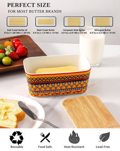 JINGUS Butter Dish, Large Ceramic Bohemian Butter Dish with Lid for Countertop, Airtight Butter Container Holder Keeper Box Storage with Bamboo Cover and Silicone Ring for East West Coast