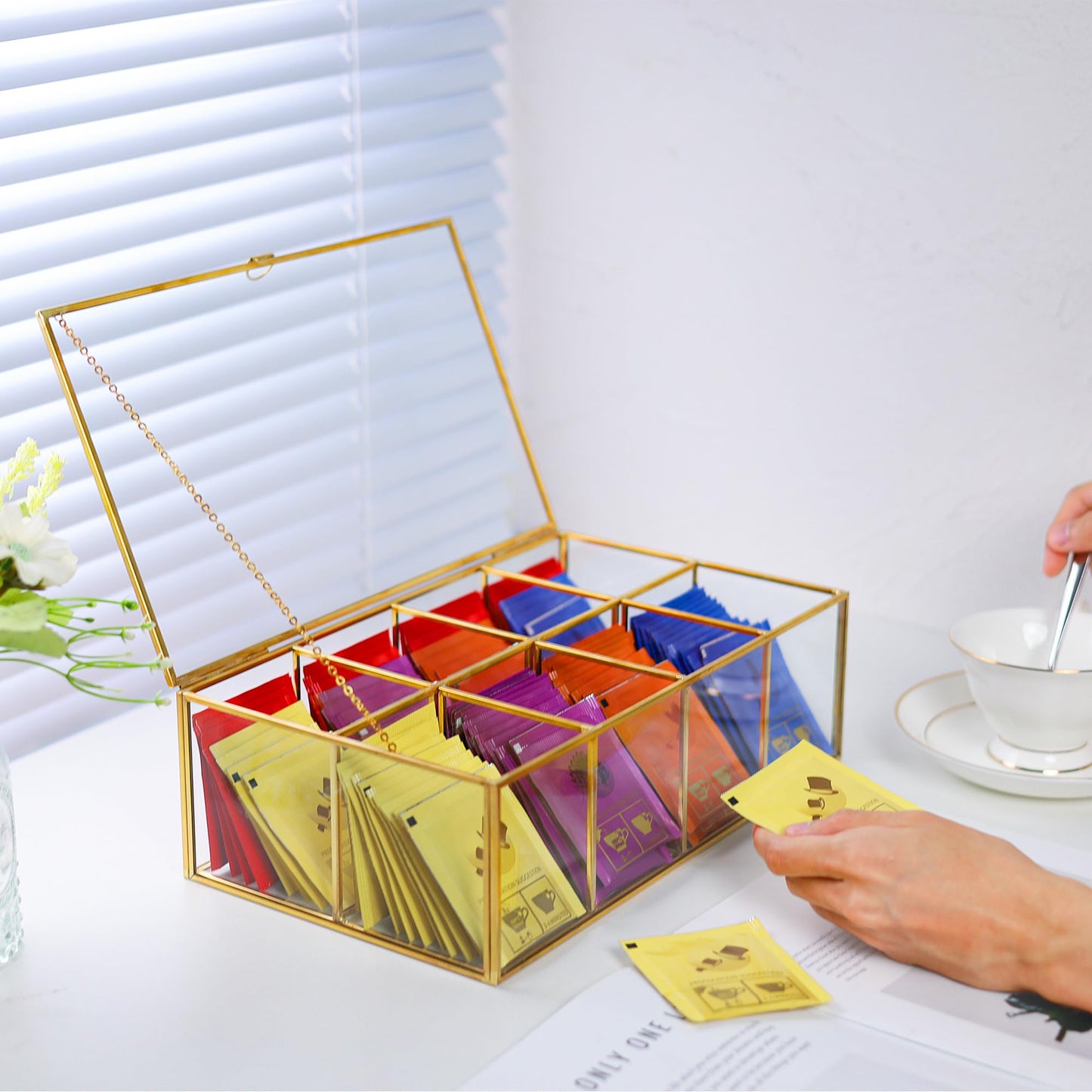 REDHUGO Glass Tea Bag Organizer with 8 Compartments, Handmade Large Tea Bag Storage Box for Counter Kitchen, Tea Bag Holder,Tea Storage Containers with Lid,Tea Accessories Gifts for Tea Drinkers,Gold