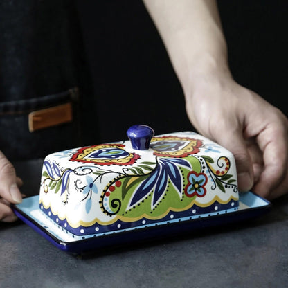 Ceramic Butter Dish with Lid Bohemia Hand Drawn Butter Plate Tray with Cover for Cheese Vintage Cheese Container Holder European-Style Butter Keeper for Home Kitchen 7.9 x 4.5 x 3.1 Inches (1)