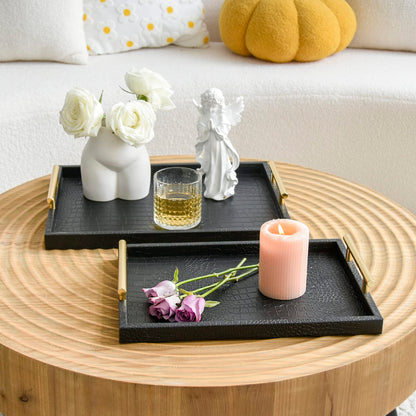MACVAD Set of 2 Modern Elegant Large Wood Serving Tray, Rectangle Decorative Tray Ottoman Tay Coffee Table Tray, Black Crocodile Leather with Gold Polished Metal Handles