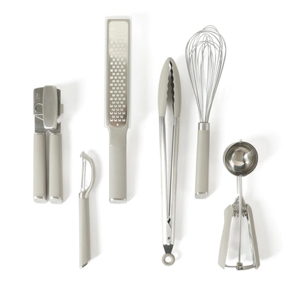 Calphalon Edge 6 Piece Stainless Steel Kitchen Tool & Gadget Set with Taupe Silicone Accents, Durable Heavy Gauge Stainless Steel Utensil Set with Non Slip Handles for Cooking