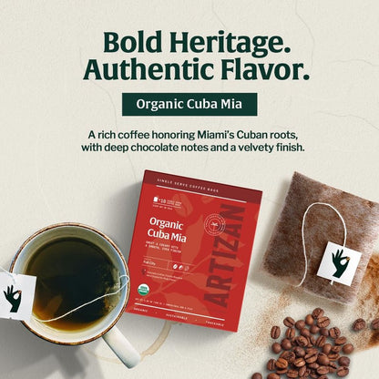 Artizan Coffee Roasters Organic Single-Serve Bags | Cuba Mia Blend | Full City Roast | 40 Count | On-the-Go – No Equipment Needed | Specialty Grade, Nitro-Sealed, Compostable