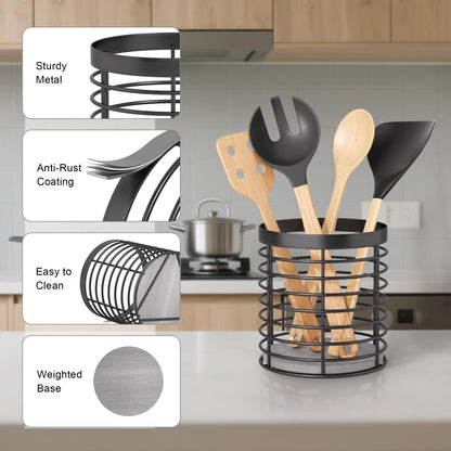 DTONIMA Utensil holder - Large Round Utensils Holder with Diatomaceous Base Matte Black Cooking Utensil Holder,Kitchen countertop Utensil Organizer (Metal)