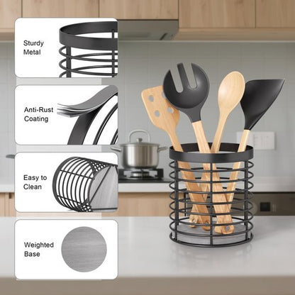 DTONIMA Utensil holder - Large Round Utensils Holder with Diatomaceous Base Matte Black Cooking Utensil Holder,Kitchen countertop Utensil Organizer (Metal)