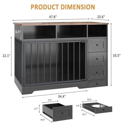 GarveeLife 48'' Dog Crate Furniture, Farmhouse Heavy Duty Dog Kennel with Bowl & Storage Drawers, Medium Dog Cage End Table for Small Medium Dogs, Black