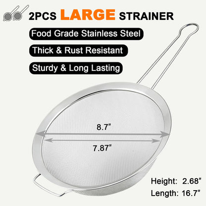Tonbbow 8.7" Large Fine Mesh Strainer Set with Sturdy Handle, Stainless Steel Sieve Flour Sifter, Kitchen Metal Colander for Rice, Quinoa, Pasta, Fruit, 2 Pack