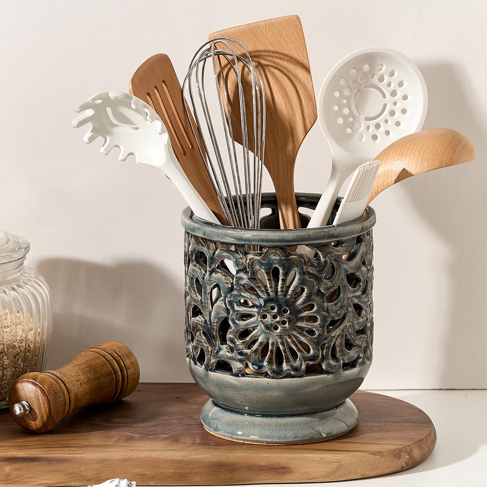 JH JIEMEI HOME Farmhouse Kitchen Utensil Holder for Countertop, Ceramic Large Cooking Utensil Crock with Cork Mat, Decorative Rustic Utensil Holder for Kitchen Counter, Hollow Carving Flower, Gray
