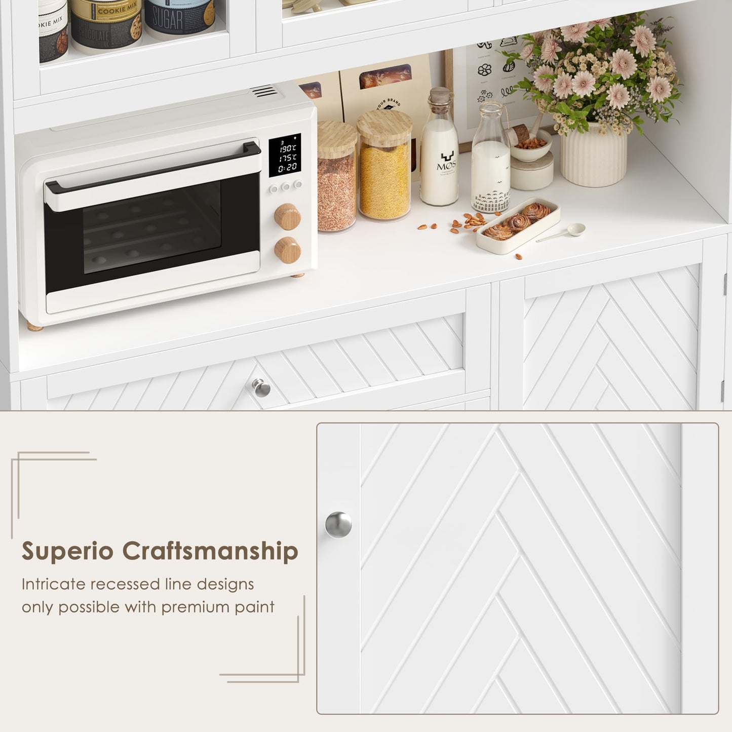 BOTLOG 72” Tall Kitchen Pantry Storage Cabinet, Modern White Kitchen Hutch with Large Storage Drawer, Countertop, Adjustable Shelves, Food Pantry Cabinets for Dining Room, Living Room