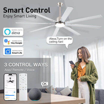 72 lnch lndustrial Smart Celing Fan with Light and Remote Control via WIFI Alexa,Large Celing Fan with 8 Brushed Nickel Aluminum Blades,6 Speed Noiseless DC Motor Indoor Outdoor Ceiling Fans for Patio