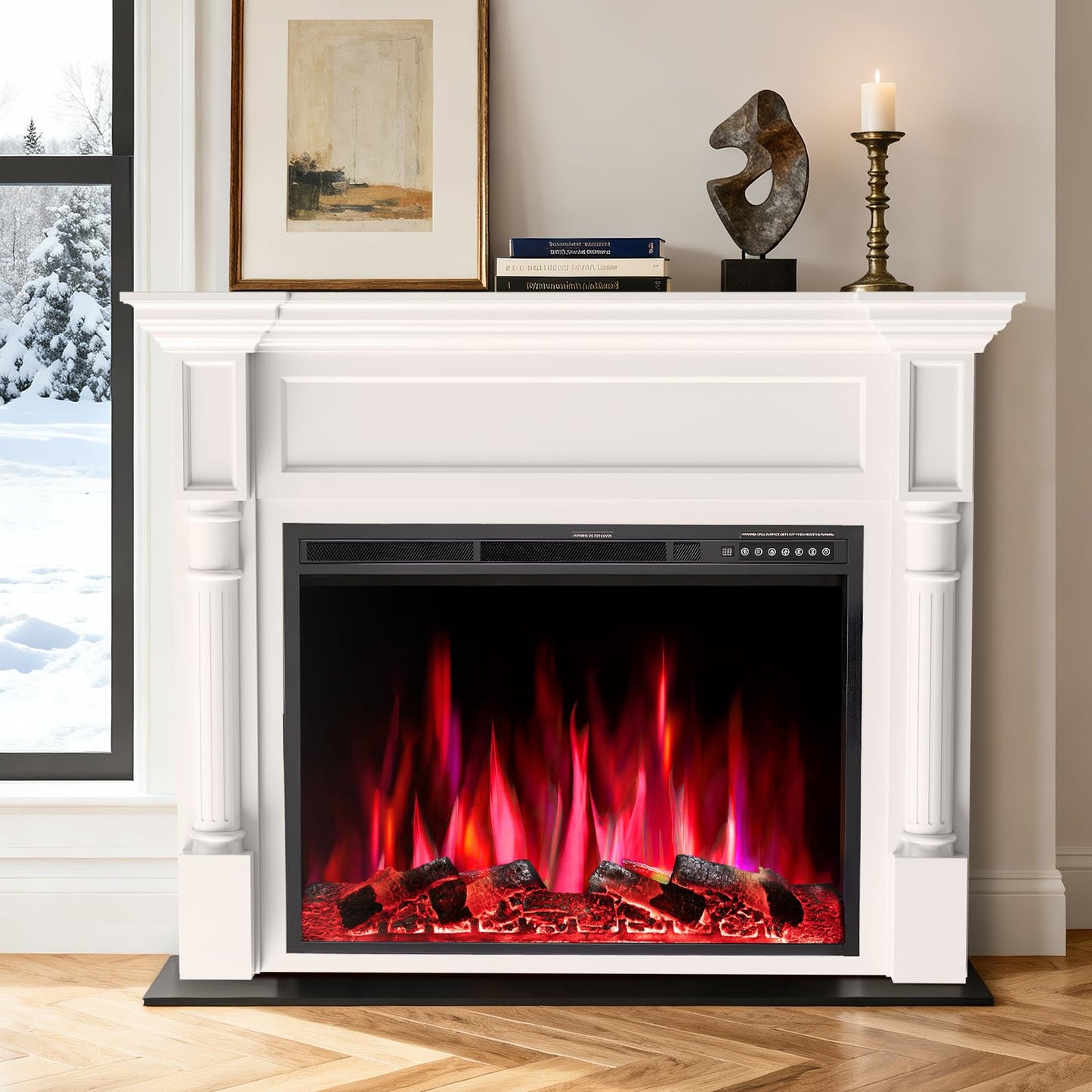 55in Electric Fireplace with Mantel, TV Stand with Freestanding Electric Fireplace, Remote Control, 12 Color Adjustable Flame, 1-8H Timer, 750W/1500W White