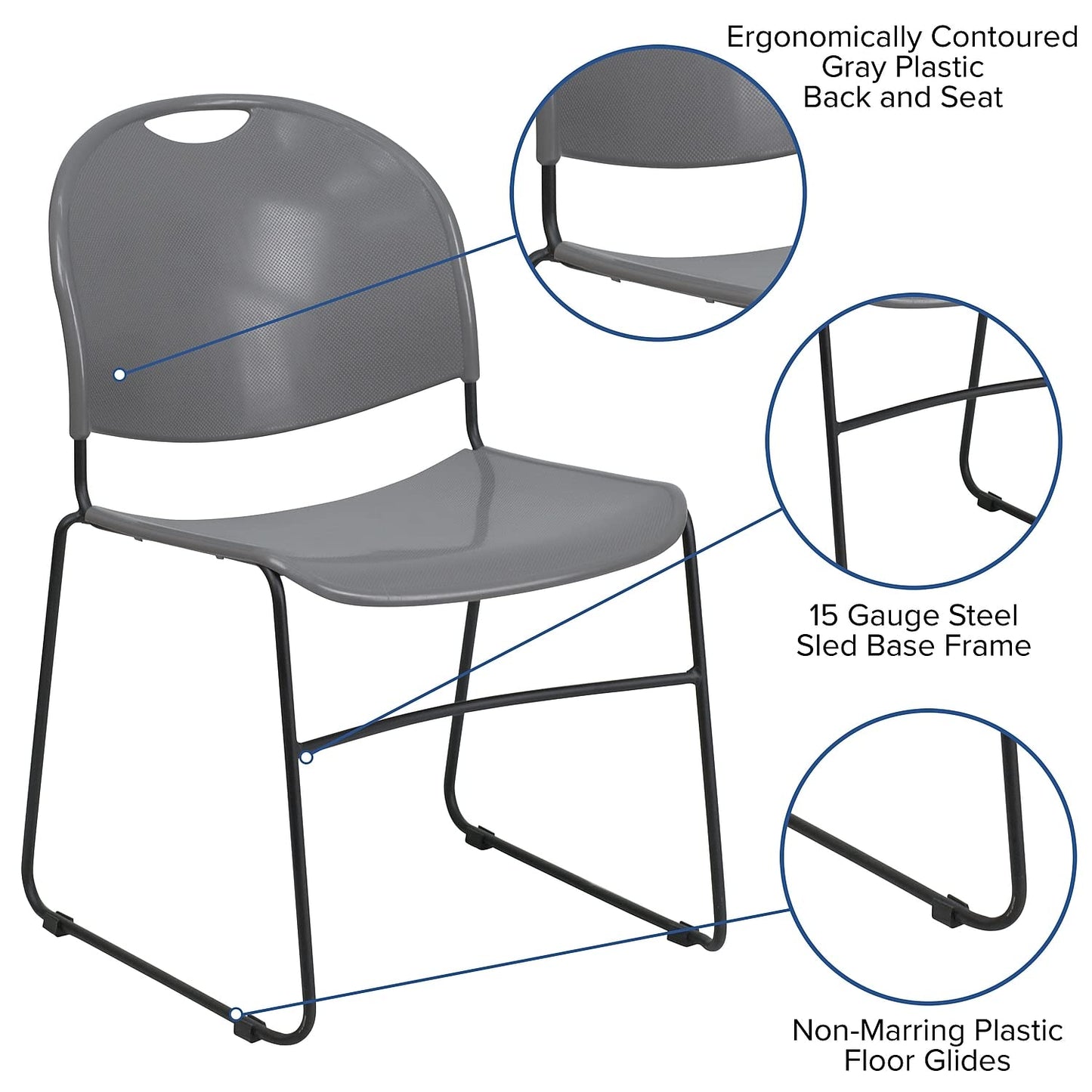 Flash Furniture 5 Pack HERCULES Series 880 lb. Capacity Gray Ultra-Compact Stack Chair with Black Powder Coated Frame