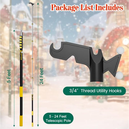 6-24 FT Christmas Light Telescopic Hanger Pole with Utility Hook, Stand Reach 30 Feet Long 3/4 inch Threaded Pole Reaching High Place for Hanging and Installation Lights String, Clothes and Birdfeeder