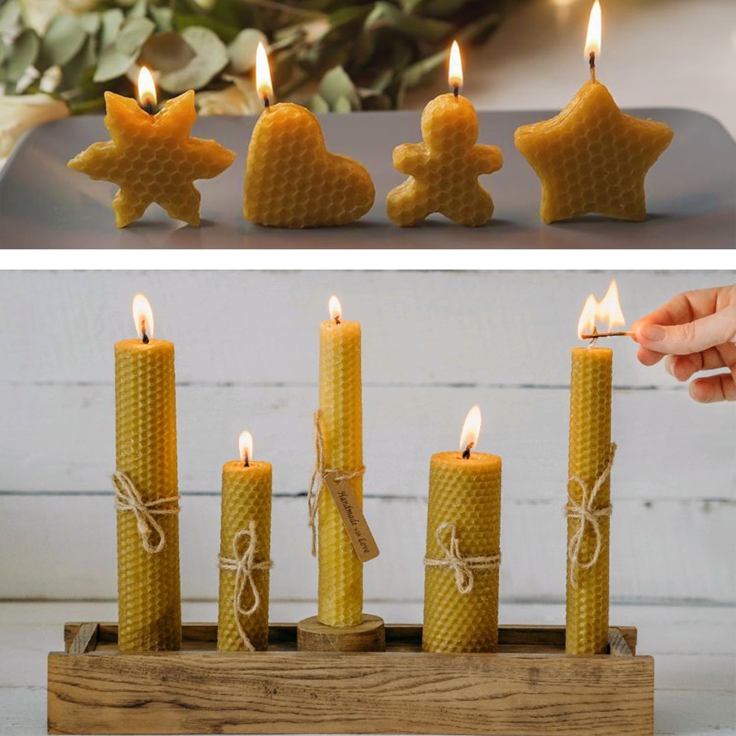 MOSROAD Beeswax Sheets for Candle Making, 30Pcs DIY Beeswax Candles Rolling Kit for Kids & Adults, Natural Honeycomb Sheets (8 x 8 Inch) with Cotton Wick, Bee Ornaments, Lace Ribbon and Hemp Rope