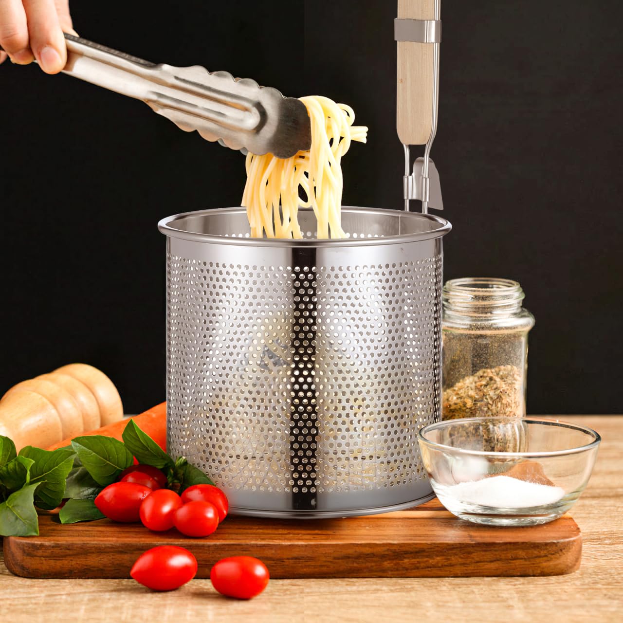 Angoily Mesh Pasta Strainer 1 Gal Stainless Steel 6.5" Deep Noodles Basket Hot Pot Colander with Wooden Handle 3.7L Boiling Spider Strainer for Cooking Dumpling Vegetable Food