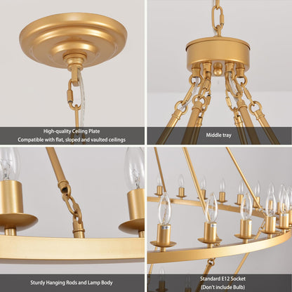 JKLX 60 Inch Gold Extra Large Wagon Wheel Chandelier, 2 Tier 54-Lights Farmhouse Industrial Round High Ceiling Pendant Light Adjustable Chain, for Dining Room, Living Room
