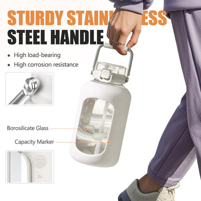 WINSA Large Glass Water Bottles with Stainless Steel Handle,100 oz Gallon Drinking Bottle with 2-in-1 Straw Lid,3 Liter Glass Water Jug with Silicone Sleeve,Wide Mouth,White