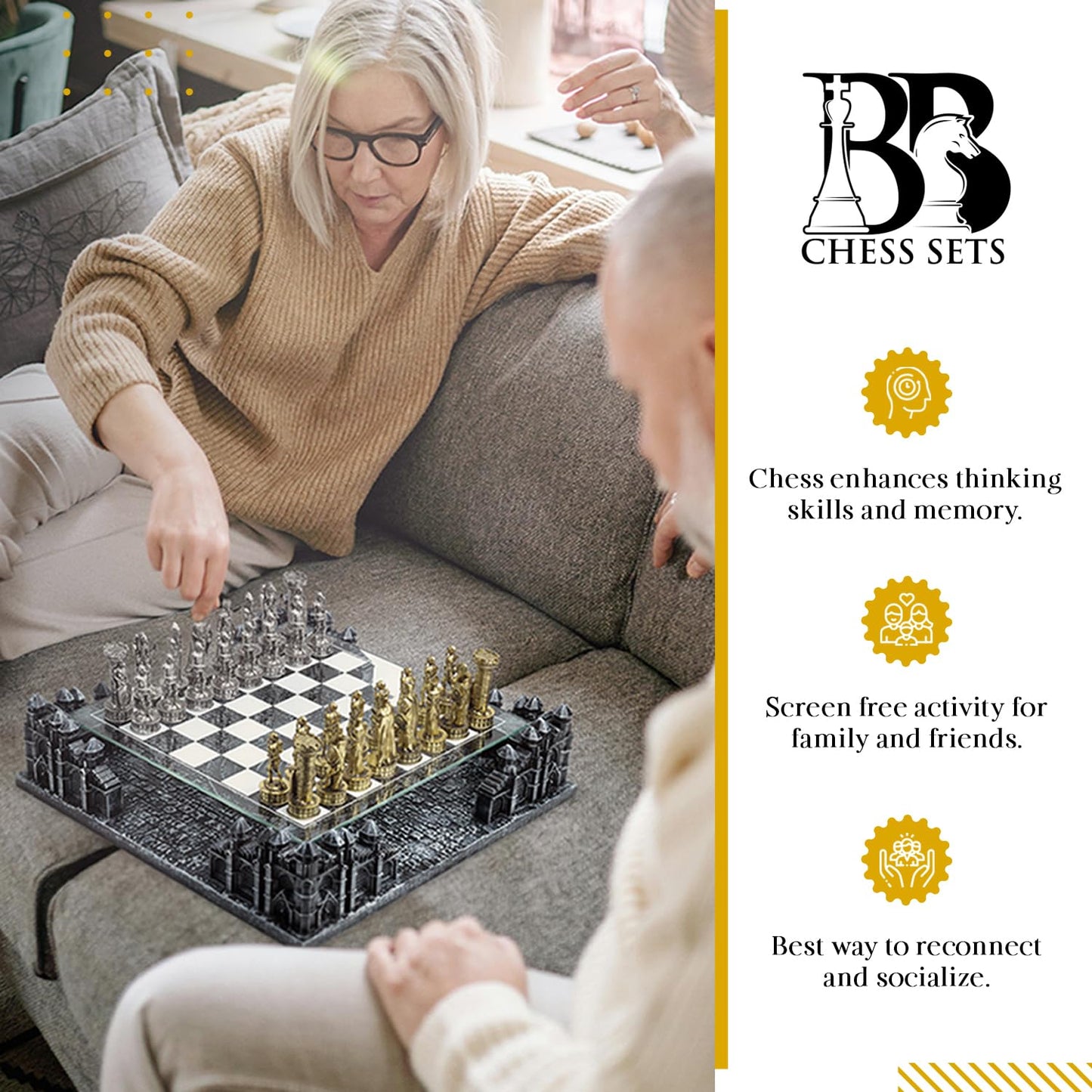 BB Chess Sets - Renaissance Knight 3D Chess Set – Unique Chess Board Set - Durable Gold and Silver Metal Pieces - Tempered Glass Board and Polyresin Base