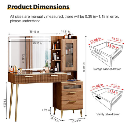 Arulvmrn Vanity Desk with 29.53" HD Lighted Mirror, 47.24" Big Modern Vanity Desk with Mirror and Lights, Makeup Vanity with 5 Drawers and Storage Shelves and Charging Station,Brown