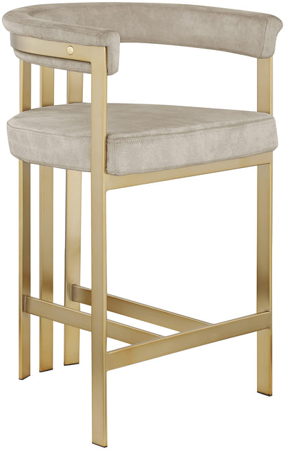 Meridian Furniture 596Stone-C Marcello Collection Modern | Contemporary Velvet Upholstered Counter Height Stool with Brushed Brass Iron Frame, 22.5" W x 20" D x 35.5" H, Stone, Set of 2