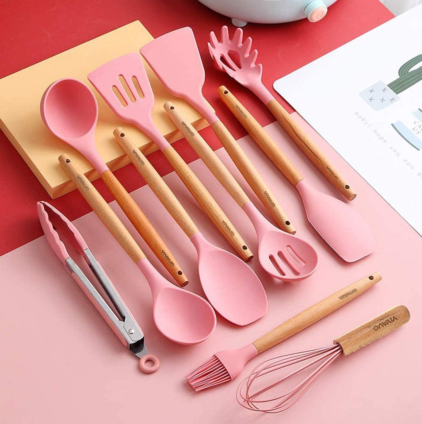 Silicone Cooking Utensil Set, 12 Pieces with Wooden Handles, Kitchen Spatula Sets with Holder Spoon Turner Tongs