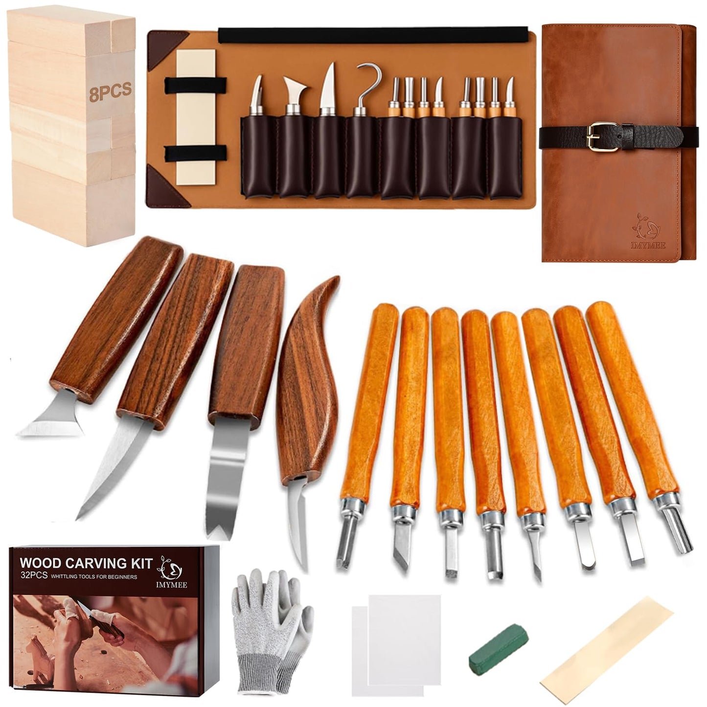 IMYMEE Deluxe Wood Carving Kit with Leather Case,Wood Carving Tools Set with Wood Carving Knife,Detail Knives,Basswood Blocks,Gloves,Strop Block,Polishing Compound for Whittling Kit Hobbies for Adults