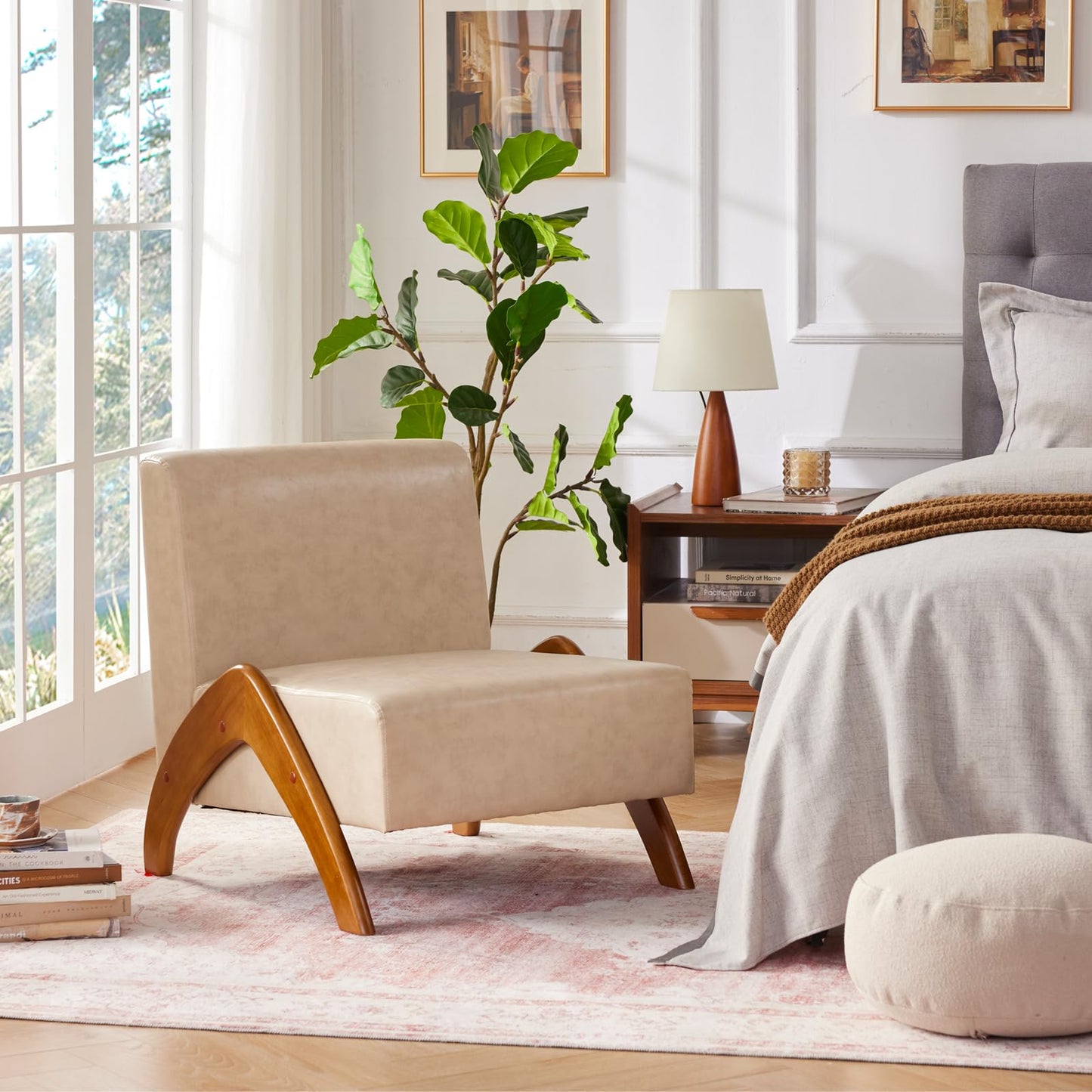 MILCIL Oversized Accent Chair, upholstered armless mid Century Modern Living Room Chair with Wooden Legs for Bedroom/Office/Cafe, Faux Leather Ivory