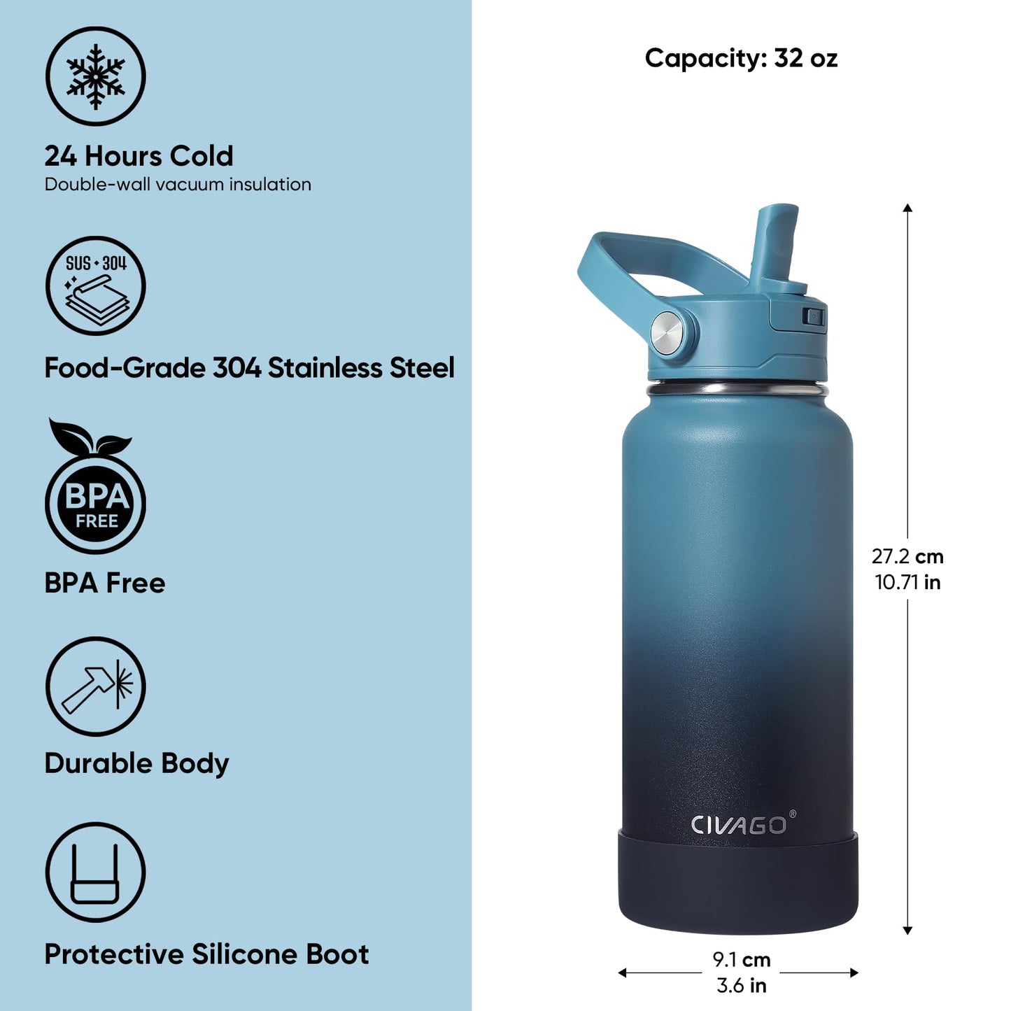 CIVAGO 32 oz Insulated Stainless Steel Water Bottle with Detachable Straw, Large Metal Water Jug with Bucket Handle, Leakproof Sports Water Flask with Silicone Boot for Travel, Dishwasher Safe, Black