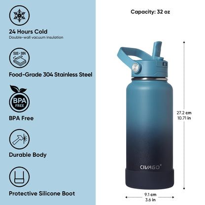 CIVAGO 32 oz Insulated Stainless Steel Water Bottle with Detachable Straw, Large Metal Water Jug with Bucket Handle, Leakproof Sports Water Flask with Silicone Boot for Travel, Dishwasher Safe, Black