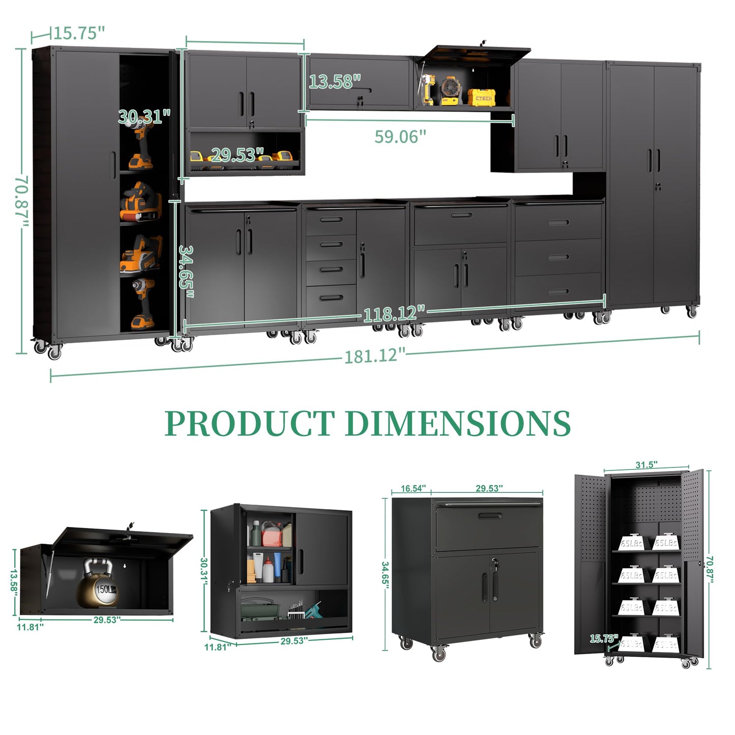 VIYET Metal Tool Cabinet,Garage Storage Cabinet System,Wall Cabinet & Locking Rolling Tool Cabinet with Doors and Adjustable Shelves,Steel Tool Cabinets for Home