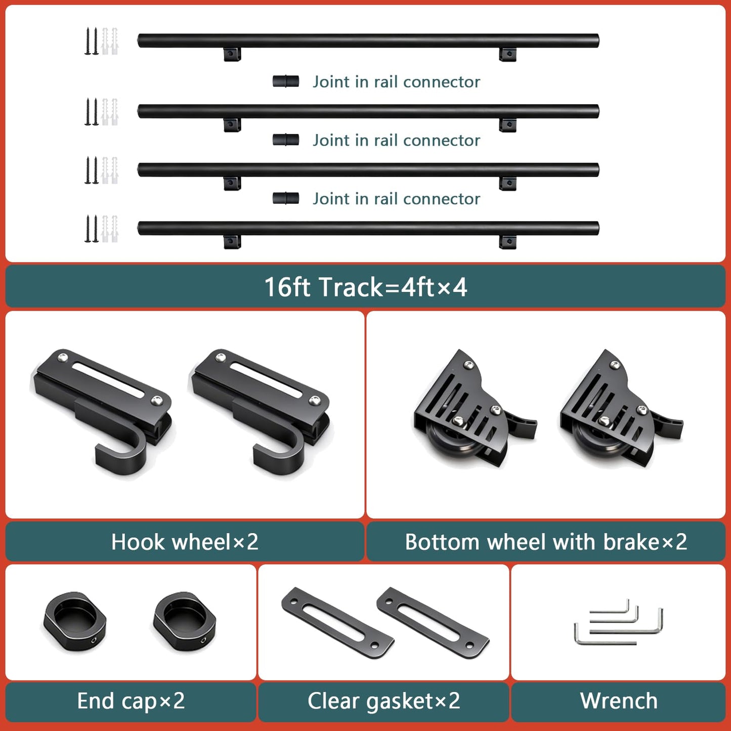 104RDHOUSE 16FT Sliding Library Ladder Hardware Kit,Black Telescopic Top Hook,Bottom Wheel with Brake,MAX Load 300lbs,No Ladder