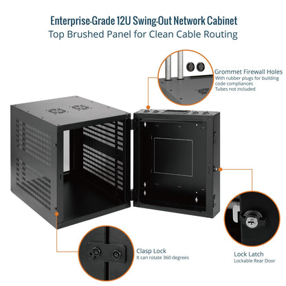 Tecmojo Enterprise-Grade 12U Swing-Out Wall Mount Network Cabinet,27.6inch Depth Server Cabinet, Load Bearing 331lbs (150 kg), Glass Door, 12U Rack for 19in Computer/AV/Data/IT Equipment