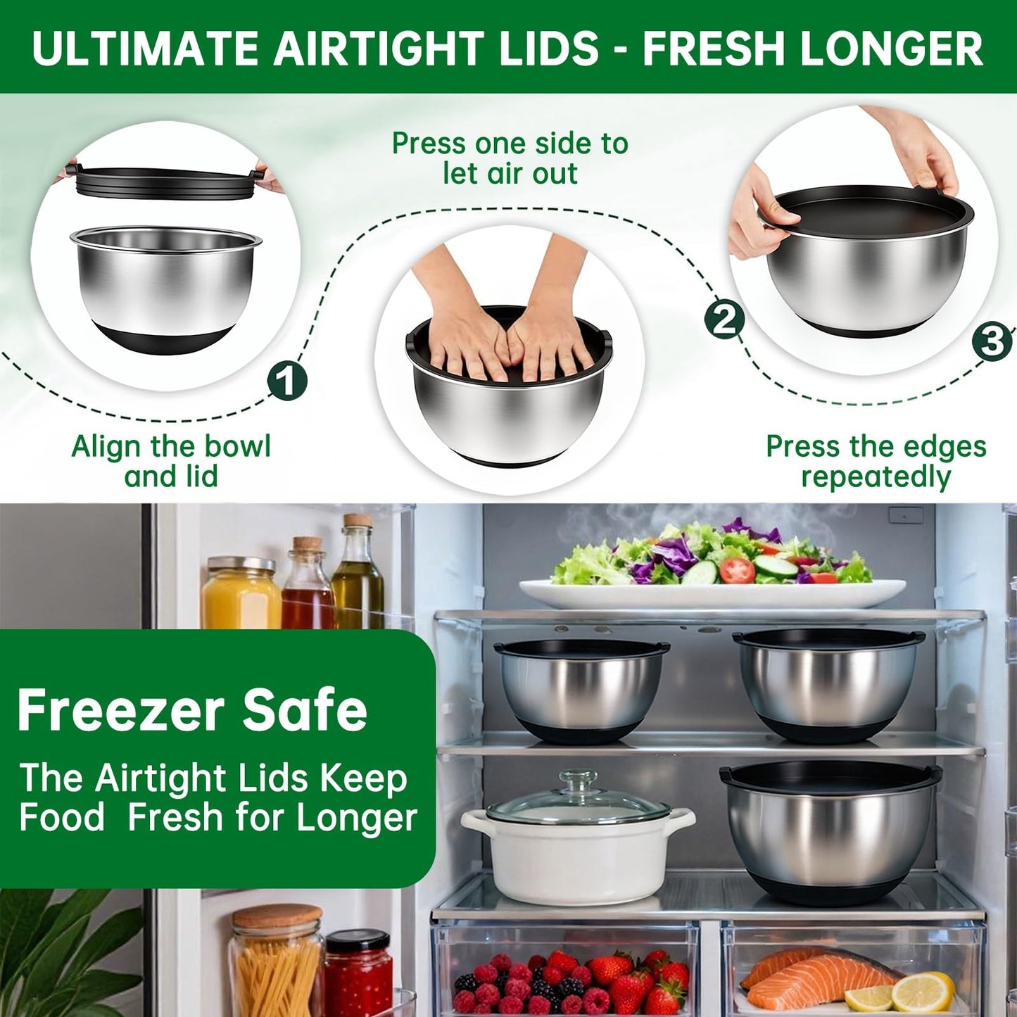 Deedro Premium Mixing Bowls with Airtight Lids Set, 22Pcs Thicker Stainless Steel Mixing Bowl Set, Large Prep Metal Bowls, Non-Slip Silicone Base Nesting Bowls for Kitchen, 1.5/2/3/4/5 QT, Black