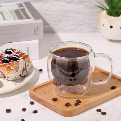 Patelai Cute Bear Tea Cup, Double Wall Glass Milk Coffee Mug with Handle, Insulated Birthday Gift for Women Men (White)