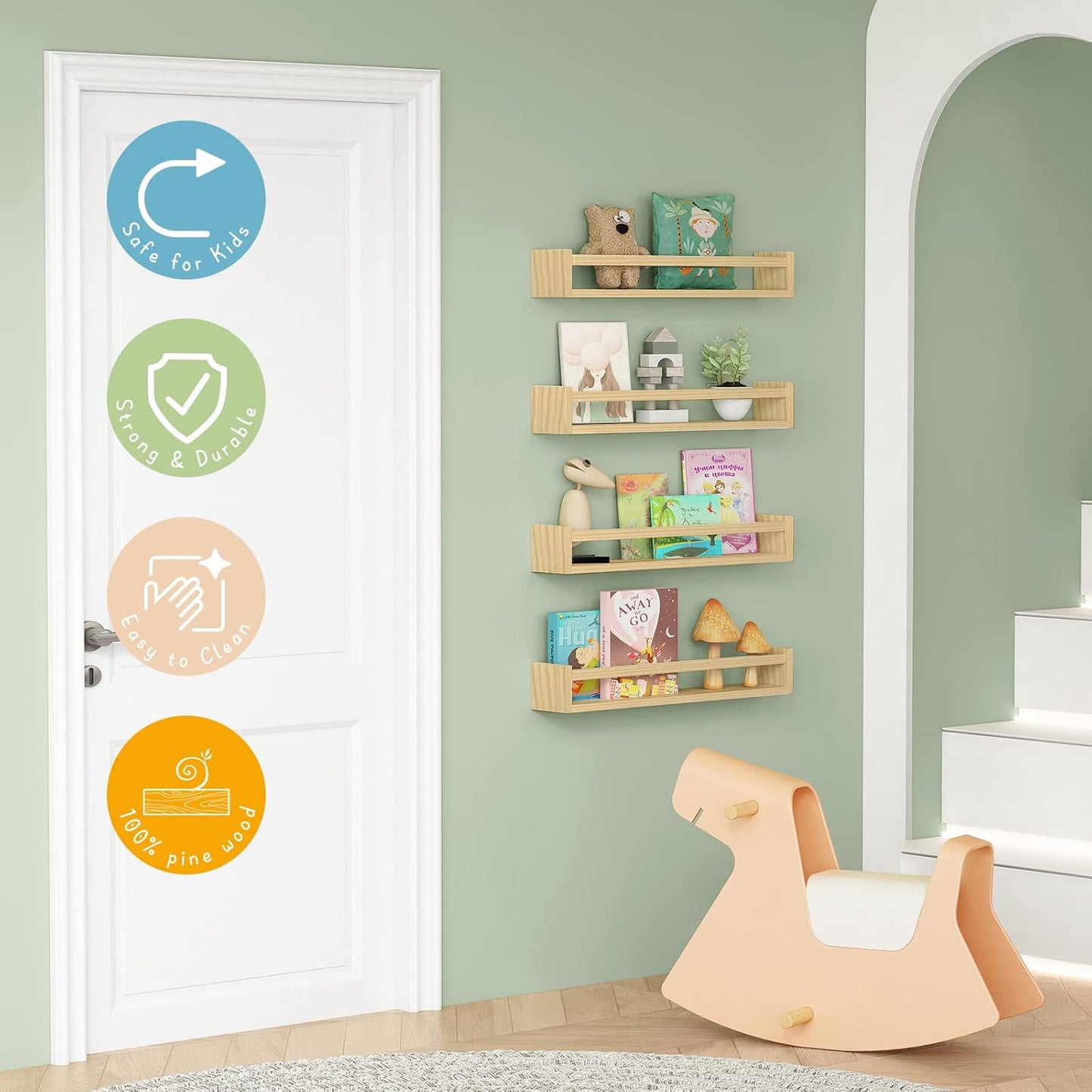 24 Inches (4-Pack) Forbena Natural Wood Nursery Bookshelves for Wall, Long Floating Book Shelves, Wall Mounted Bookcase