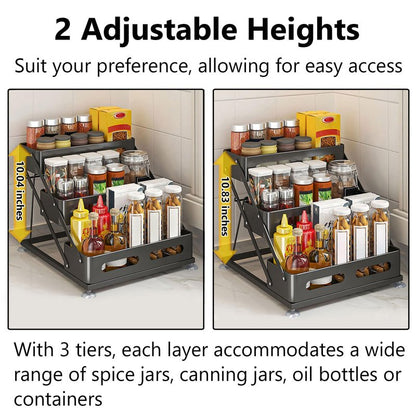 Ceetug 3 Tier Foldable Spice Rack for Countertop Iron Kitchen Seasoning Organizer for Cabinet, Black