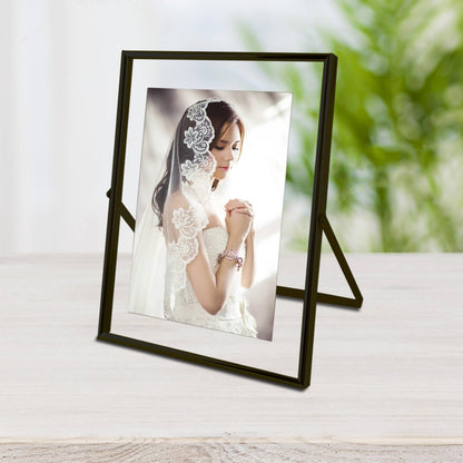 CROXXID 5x7 Floating Picture Frames Set of 2, Made of Metal and Double Real Glass, for Photo Size up to 7x9, Tabletop Display Home or Wedding Decoration (Vertical Black)