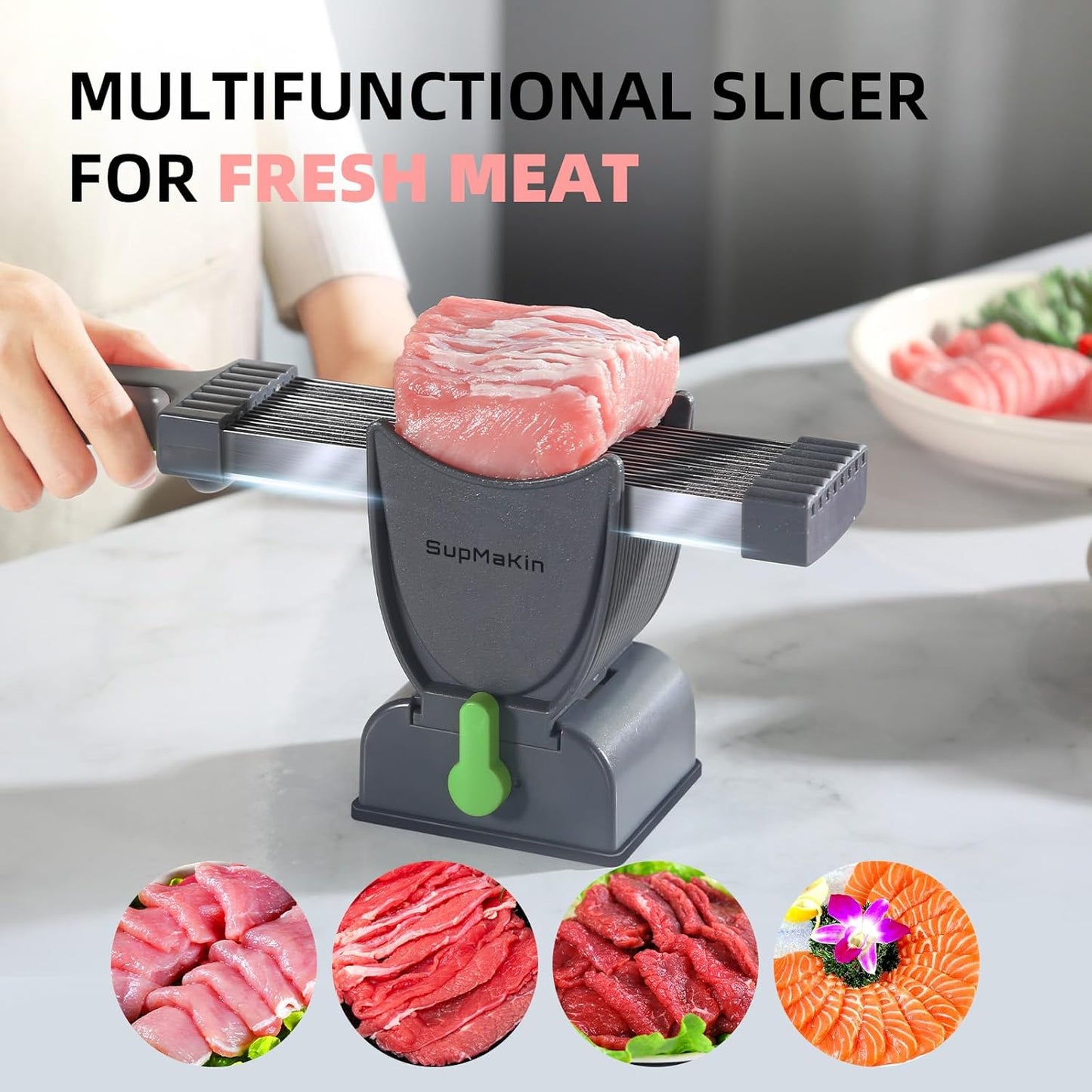 Meat Slicer for Fresh Raw Meat - Adjustable Thickness 2 or 4 mm, 17 IN 1 Stainless Steel Cleaver Kitchen Knife