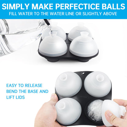 HONYAO Silicone Whiskey Ice Ball Mold - 2.4 Inch Large Ice Cube Trays Molds Silicone with Lids - Ice Sphere Maker for Cocktails, Bourbon, Rum - 2 x 4 Iceballs