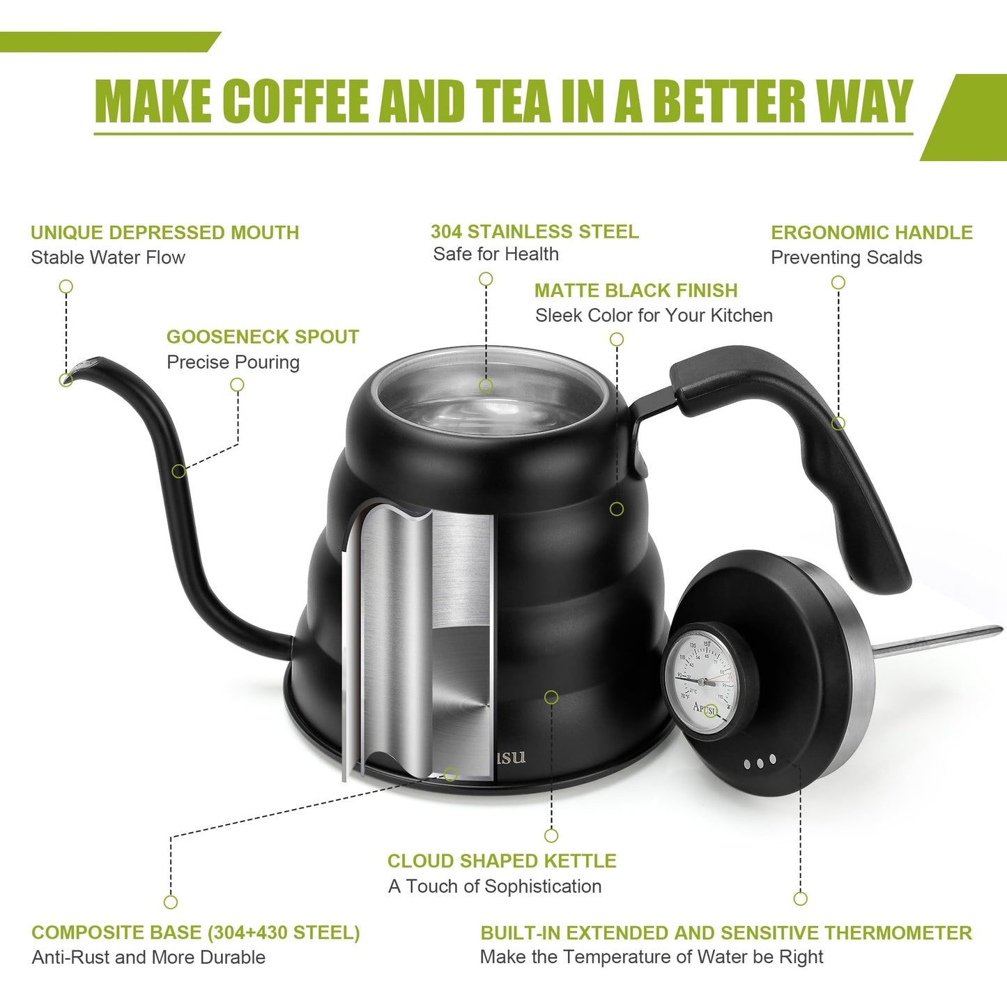 Tea Kettle with Thermometer Pot Black Stovetop Tea Kettle 40oz Gooseneck Kettle Teapot Pour Over Coffee Kettle with Thermometer,1200ml,5 Cup,Black,1Pack