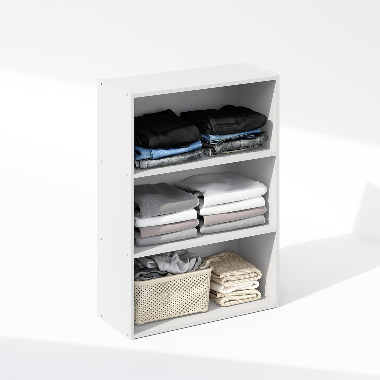 Furinno Reed 3-Tier Multipurpose Open Shelf for Clothing & Closet Storage Organization, Plain White