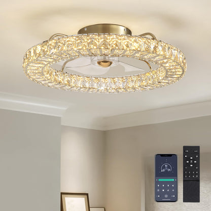 MOOONICHE 22" Low Profile Flush Mount Ceiling Fan, Ceiling Fan with Light and Remote, Dimmable Fandelier with Crystal Lampshade, Bladeless Enclosed Fan Light-Gold