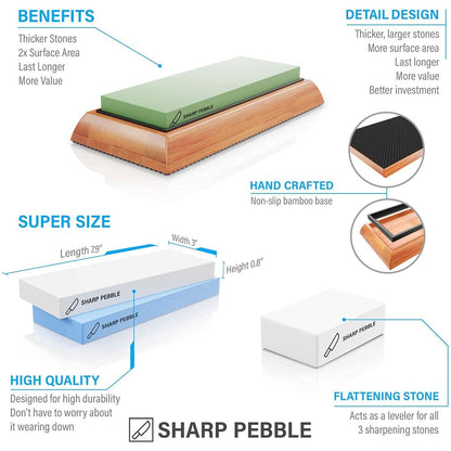 Sharp Pebble Extra Large Sharpening Stone Set - Whetstone Knife Sharpener Set - Grits 400/1000/6000 Waterstone, Flattening Stone & Angle Guide