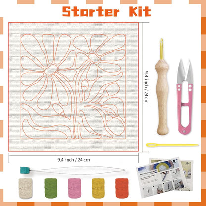 BEUNITONE Flower Beginners Punch Needle kit Handcraft Embroidery Starter Kits for Adults Punch Stitching Kit with Instruction, Threader, Needle and Square Punch Needle Frame for Wall Decor 9.4''x9.4''